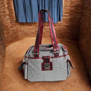 The Limited Shoulder Bag Vtg Gray Tweed Red Faux Leather Straps Silver Hardware